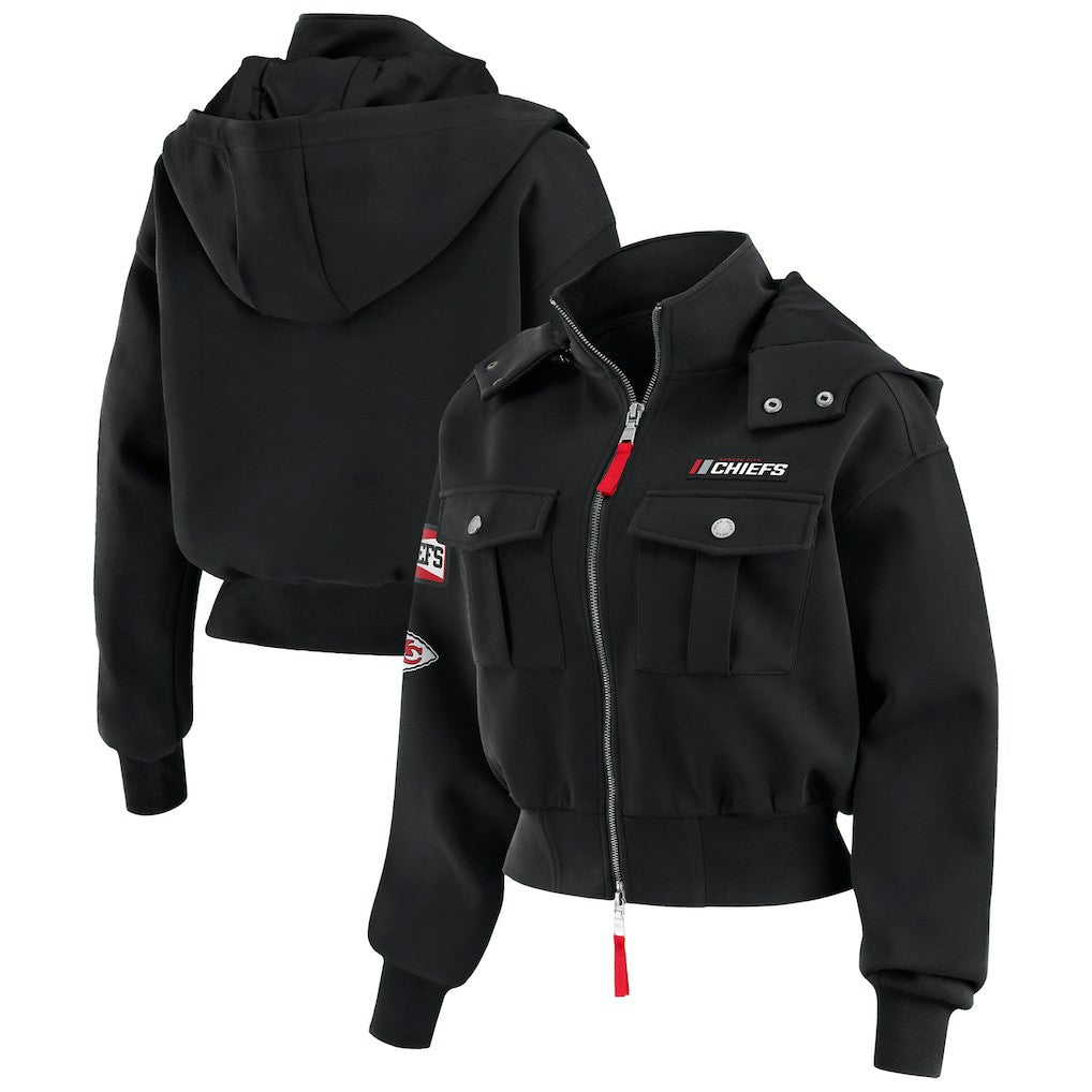 NFL Kansas City Chiefs WEAR by Erin Andrews Women's Tri-Blend Patch Pocket Cropped Full-Zip Bomber Hoodie Jacket
