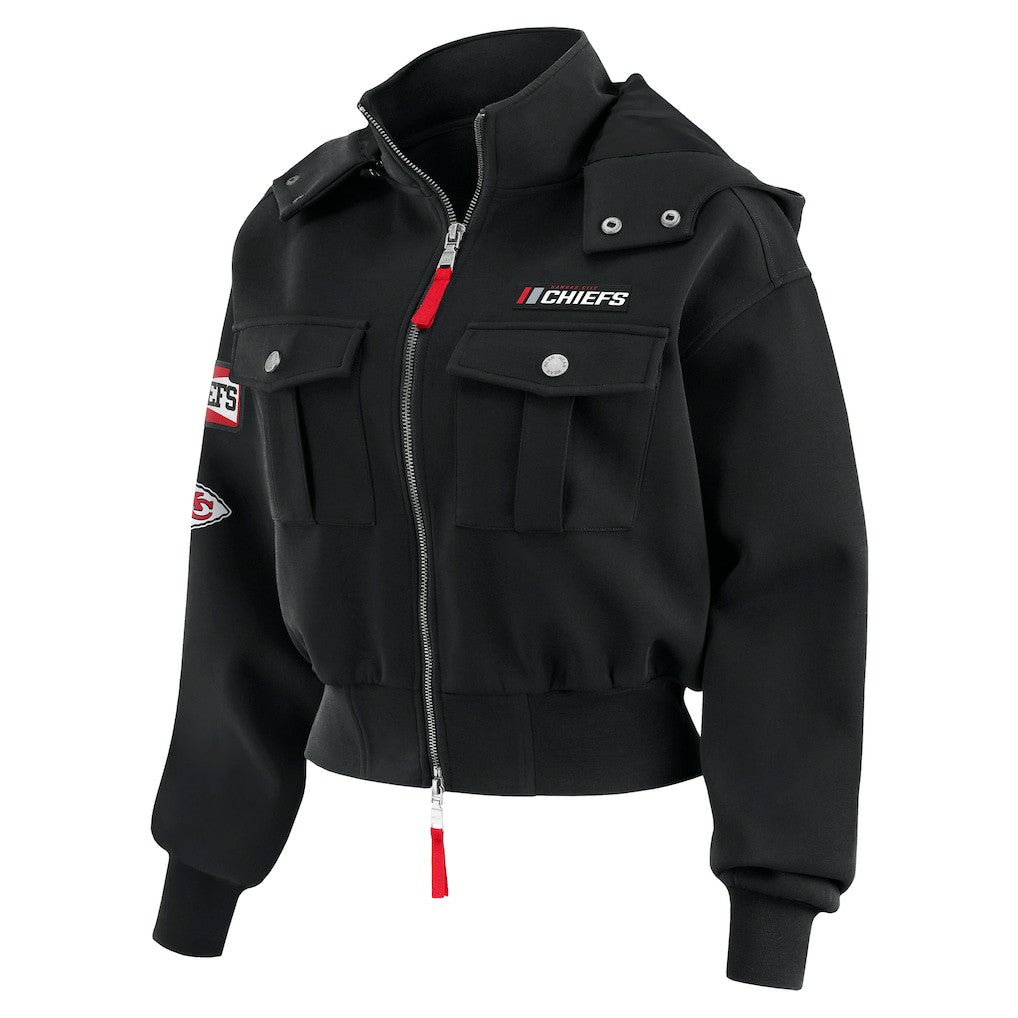 NFL Kansas City Chiefs WEAR by Erin Andrews Women's Tri-Blend Patch Pocket Cropped Full-Zip Bomber Hoodie Jacket
