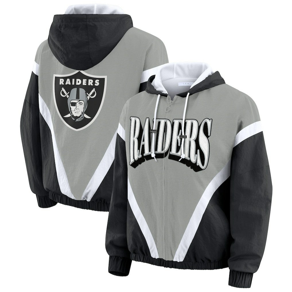 NFL Las Vegas Raiders WEAR by Erin Andrews Women's Retro Crinkle Full-Zip Hoodie Windbreaker