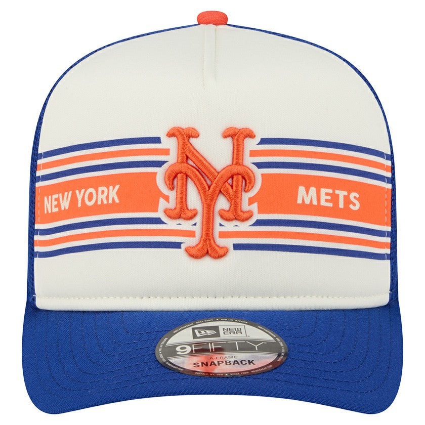New York Mets Banner A-Frame 9FIFTY Trucker Snapback Hat - Cream/Royal | New Era