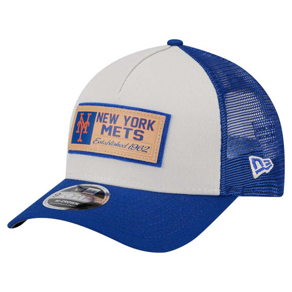 New York Mets Text A-Frame Trucker 9FORTY Hat - Stone/Royal | New Era