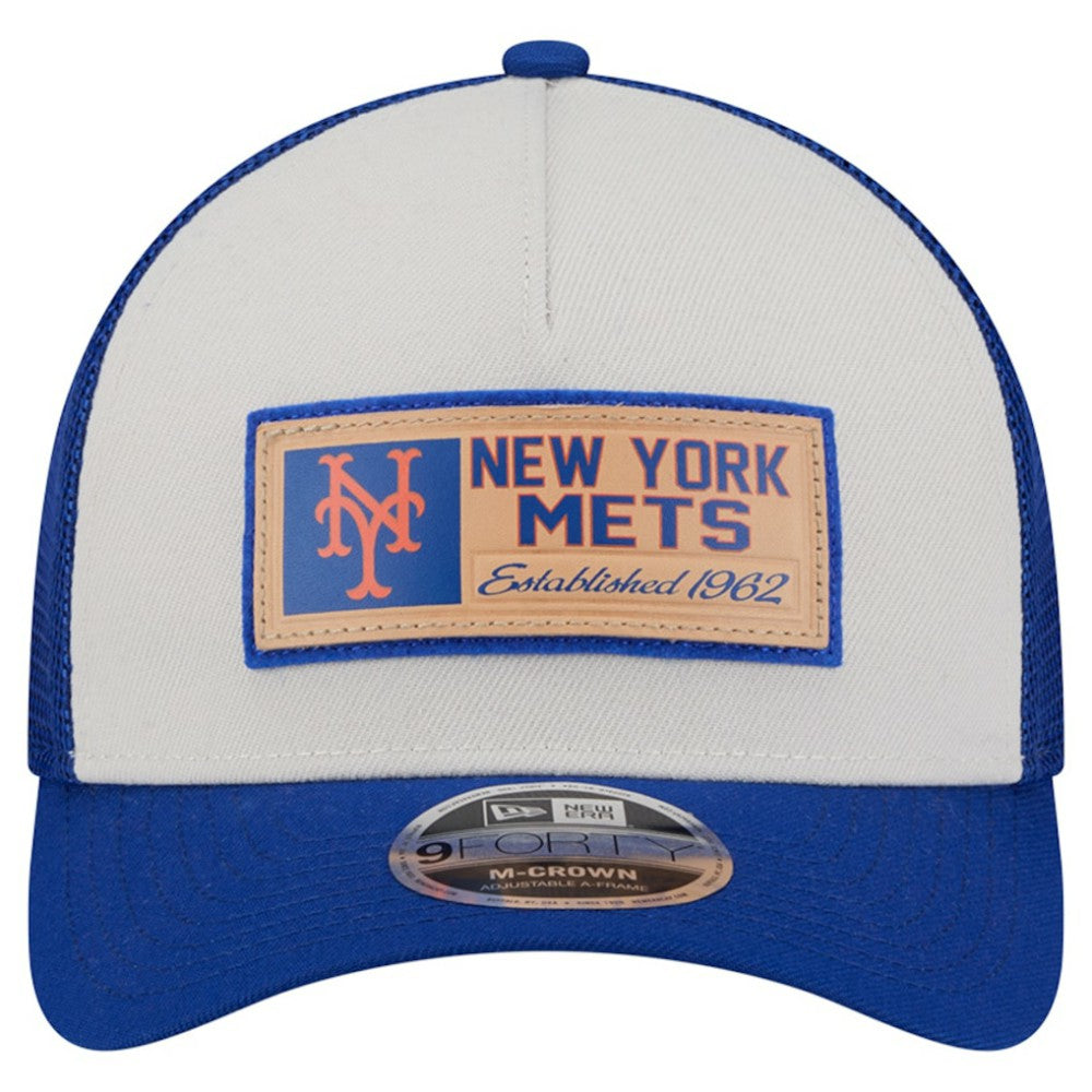 New York Mets Text A-Frame Trucker 9FORTY Hat - Stone/Royal | New Era