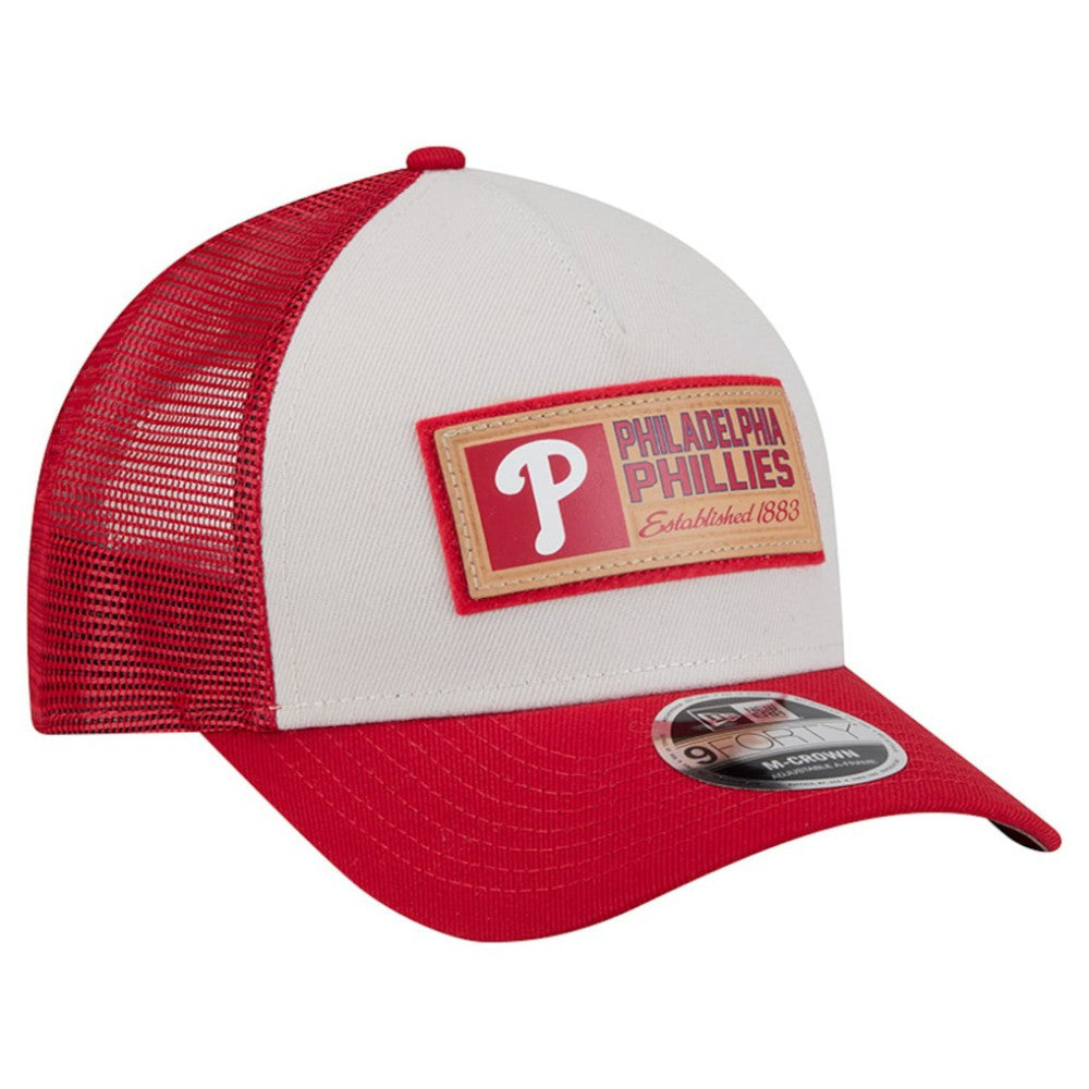 Philadelphia Phillies Text A-Frame Trucker 9FORTY Hat - Stone/Red | New Era