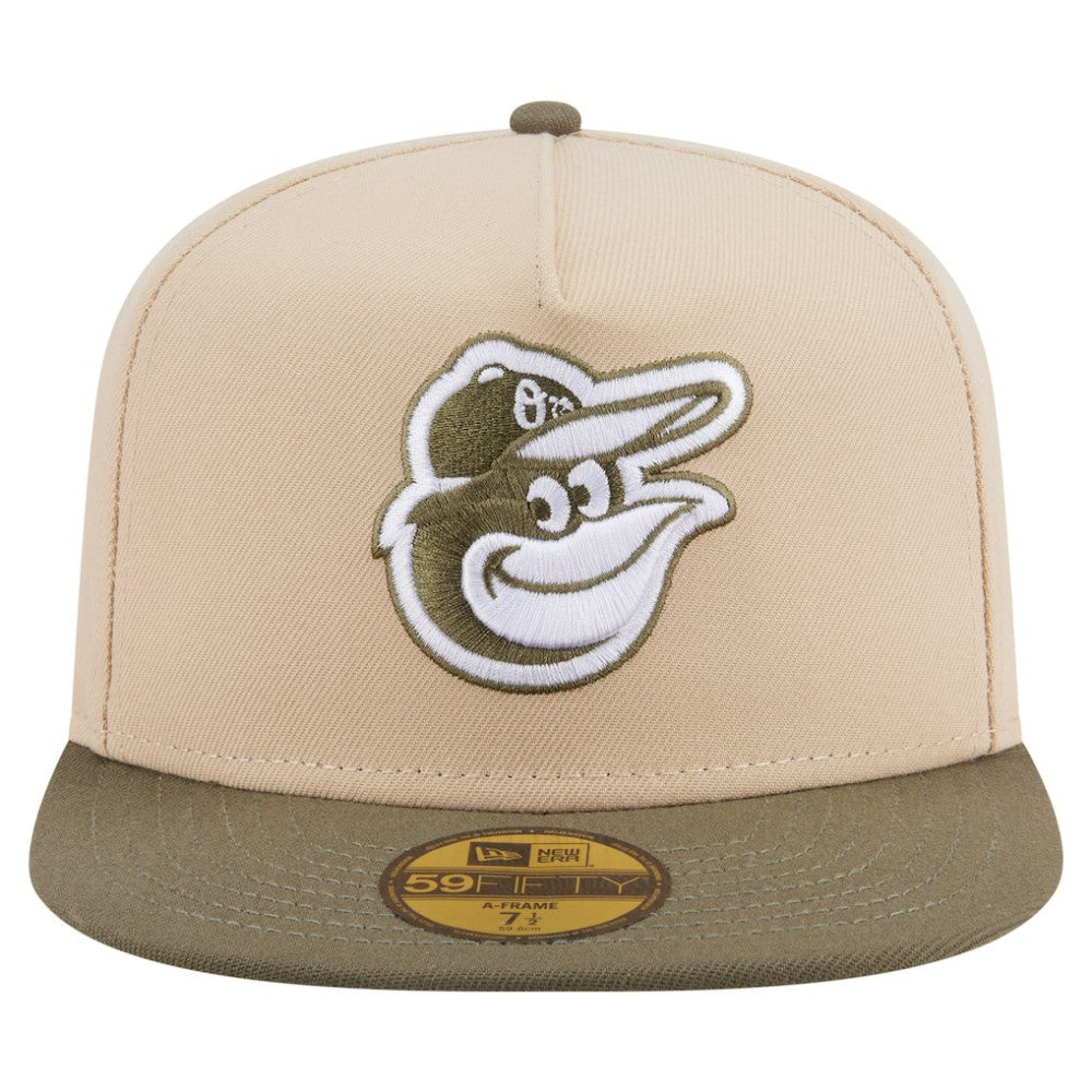 Baltimore Orioles Two-Tone Color Pack A-Frame 59FIFTY Fitted Hat - Light Beige/Olive | New Era