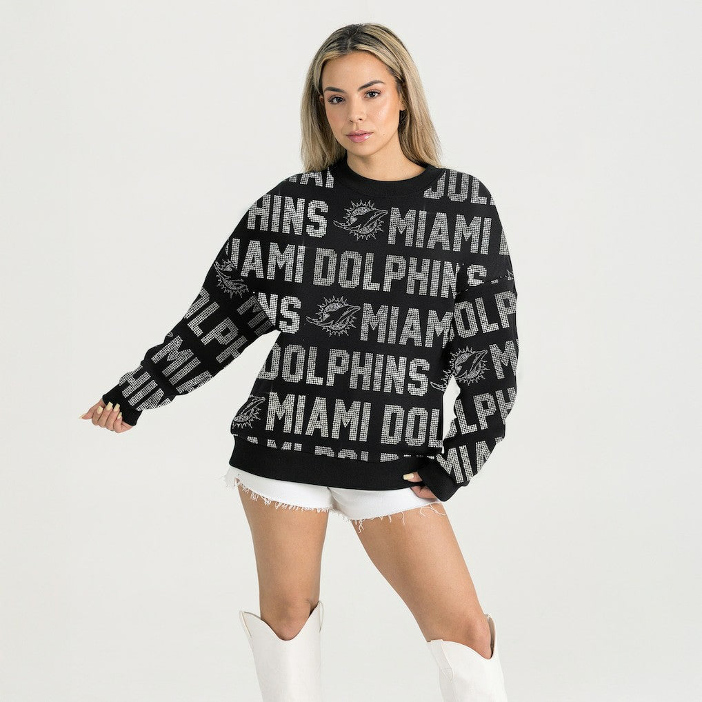 NFL Miami Dolphins Gameday Couture Women's Oversized Hype Era Rhinestone Text Sweatshirt