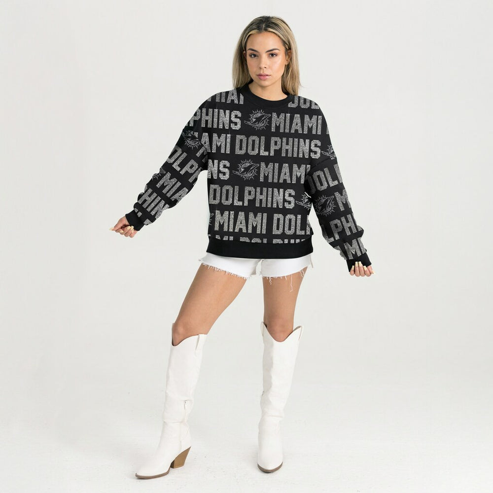 NFL Miami Dolphins Gameday Couture Women's Oversized Hype Era Rhinestone Text Sweatshirt