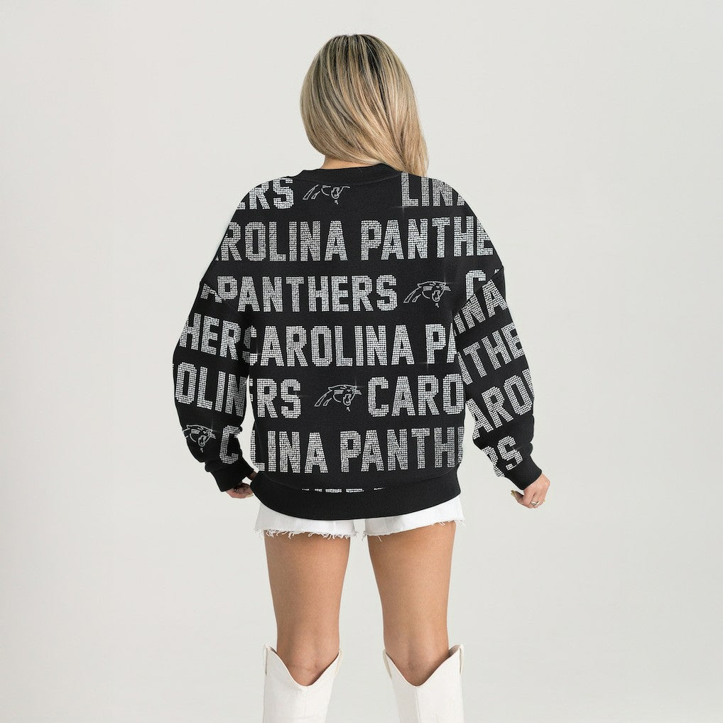 NFL Carolina Panthers Gameday Couture Women's Oversized Hype Era Rhinestone Text Sweatshirt