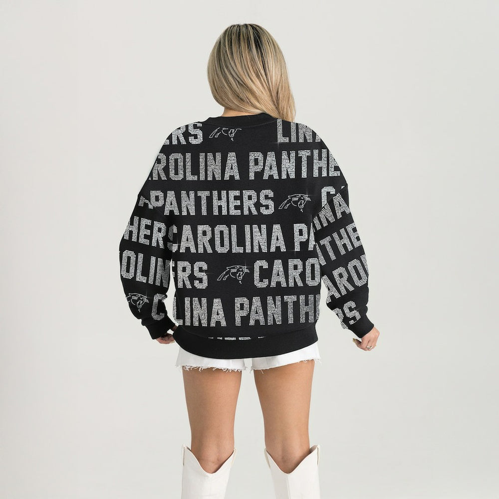 NFL Carolina Panthers Gameday Couture Women's Oversized Hype Era Rhinestone Text Sweatshirt