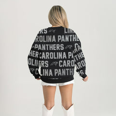 NFL Carolina Panthers Gameday Couture Women's Oversized Hype Era Rhinestone Text Sweatshirt