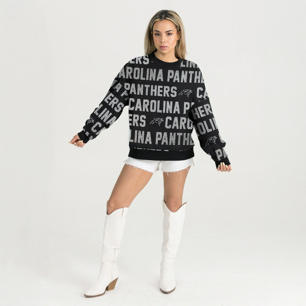 NFL Carolina Panthers Gameday Couture Women's Oversized Hype Era Rhinestone Text Sweatshirt