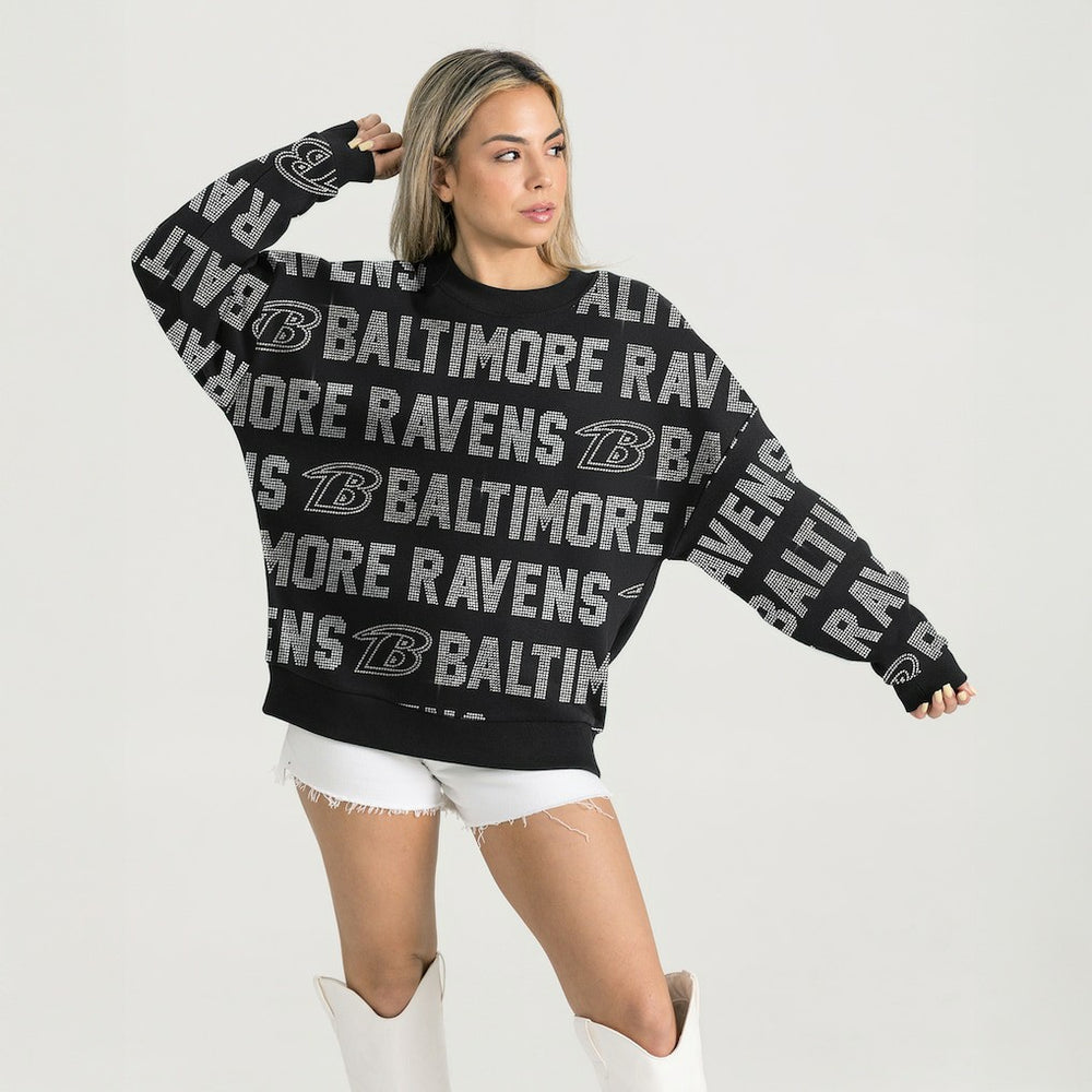 NFL Baltimore Ravens Gameday Couture Women's Oversized Hype Era Rhinestone Text Sweatshirt