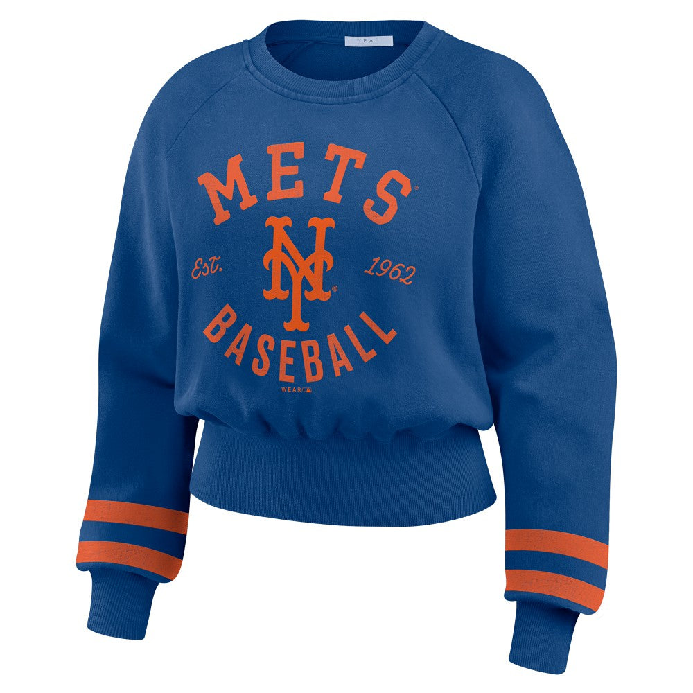 New York Mets WEAR by Erin Andrews Women's Vintage Washed Cropped Pullover Sweatshirt - Royal