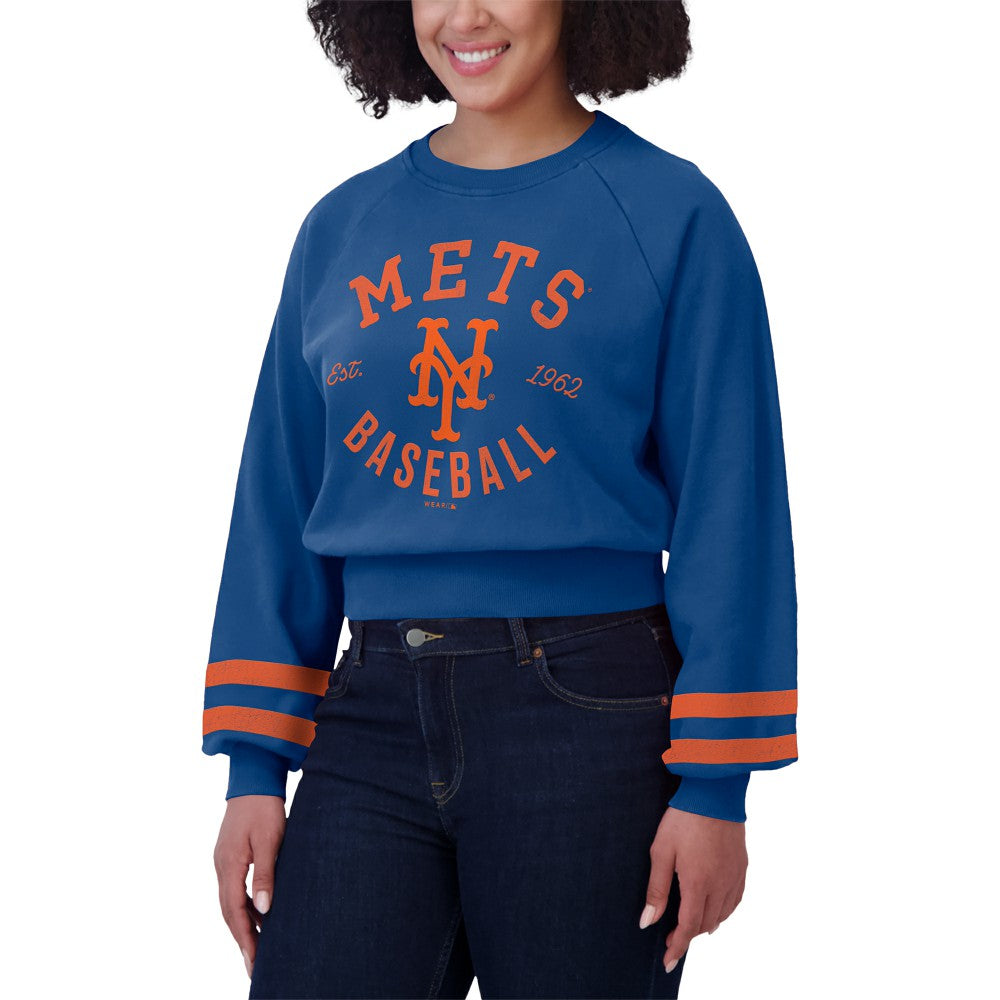 New York Mets WEAR by Erin Andrews Women's Vintage Washed Cropped Pullover Sweatshirt - Royal