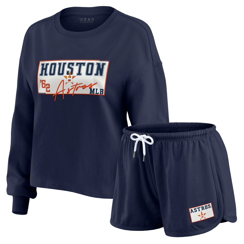 Houston Astros WEAR by Erin Andrews Women's Heavy Rugby Jersey Cropped Long Sleeve T-Shirt & Shorts Lounge Set - Navy