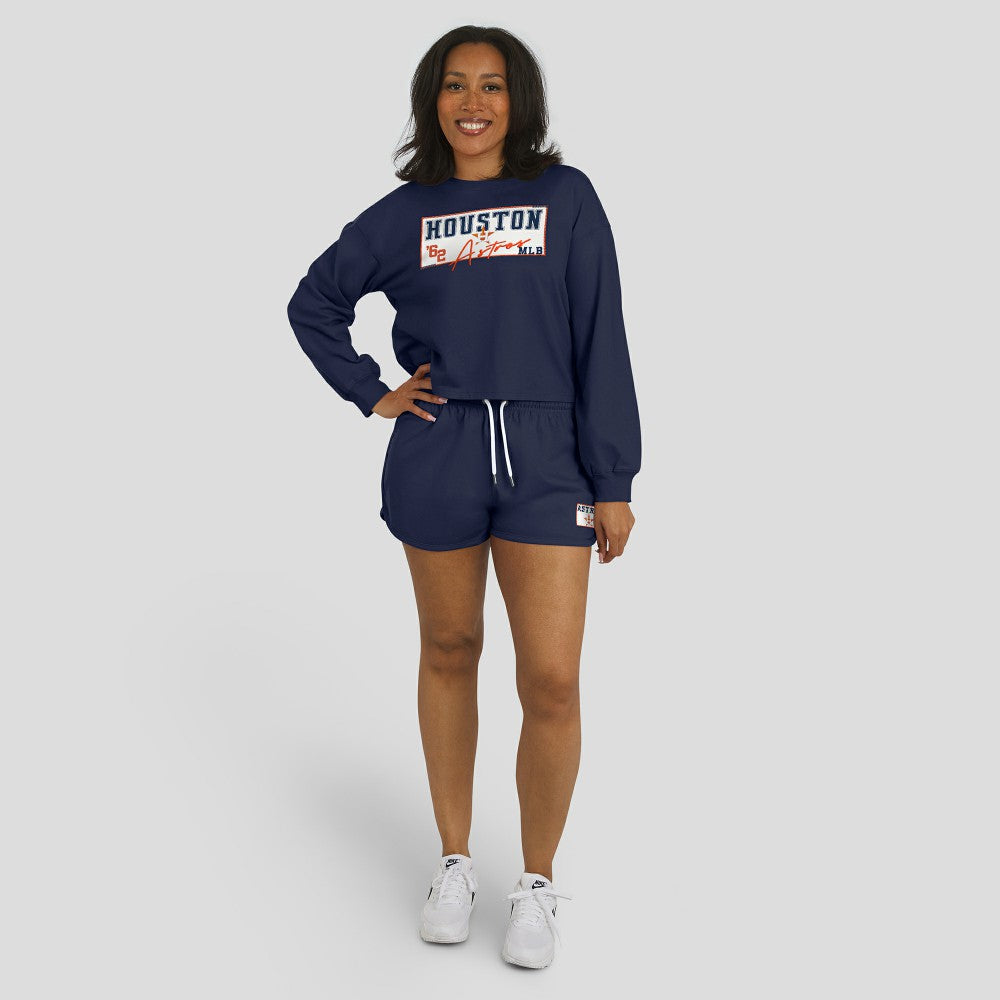 Houston Astros WEAR by Erin Andrews Women's Heavy Rugby Jersey Cropped Long Sleeve T-Shirt & Shorts Lounge Set - Navy