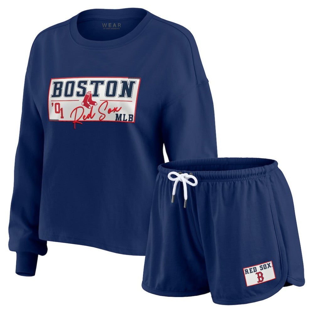 Boston Red Sox WEAR by Erin Andrews Women's Heavy Rugby Jersey Cropped Long Sleeve T-Shirt & Shorts Lounge Set - Navy
