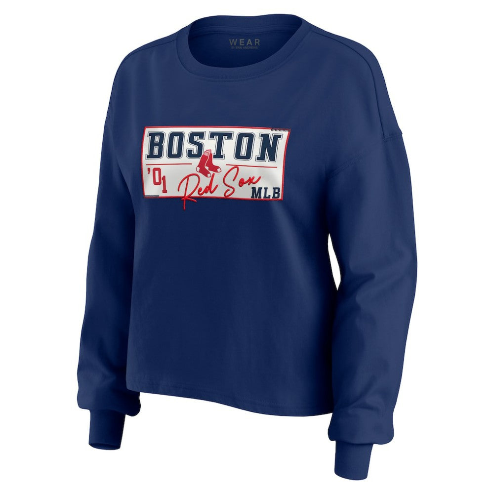 Boston Red Sox WEAR by Erin Andrews Women's Heavy Rugby Jersey Cropped Long Sleeve T-Shirt & Shorts Lounge Set - Navy