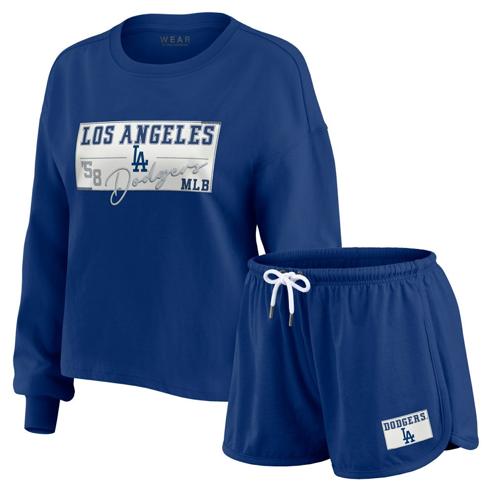Los Angeles Dodgers WEAR by Erin Andrews Women's Heavy Rugby Jersey Cropped Long Sleeve T-Shirt & Shorts Lounge Set - Royal