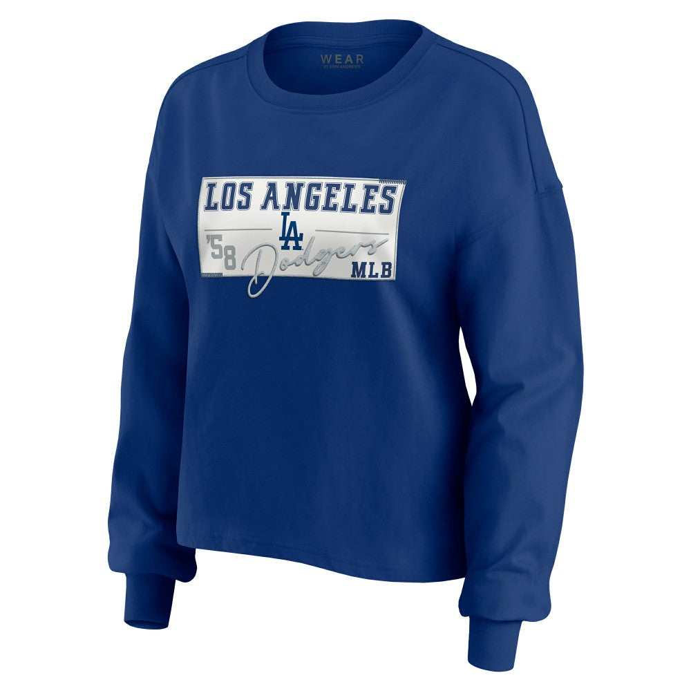 Los Angeles Dodgers WEAR by Erin Andrews Women's Heavy Rugby Jersey Cropped Long Sleeve T-Shirt & Shorts Lounge Set - Royal