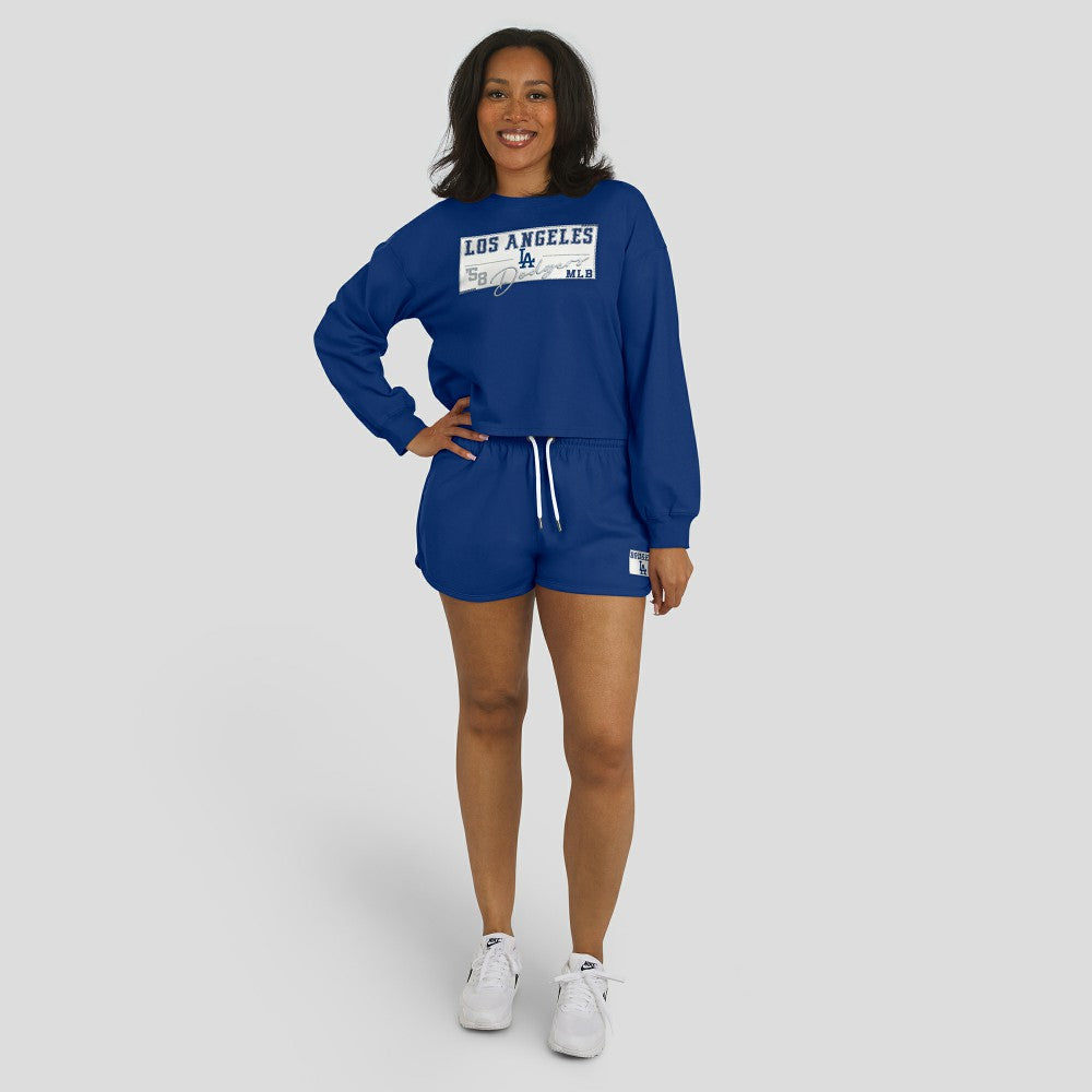 Los Angeles Dodgers WEAR by Erin Andrews Women's Heavy Rugby Jersey Cropped Long Sleeve T-Shirt & Shorts Lounge Set - Royal
