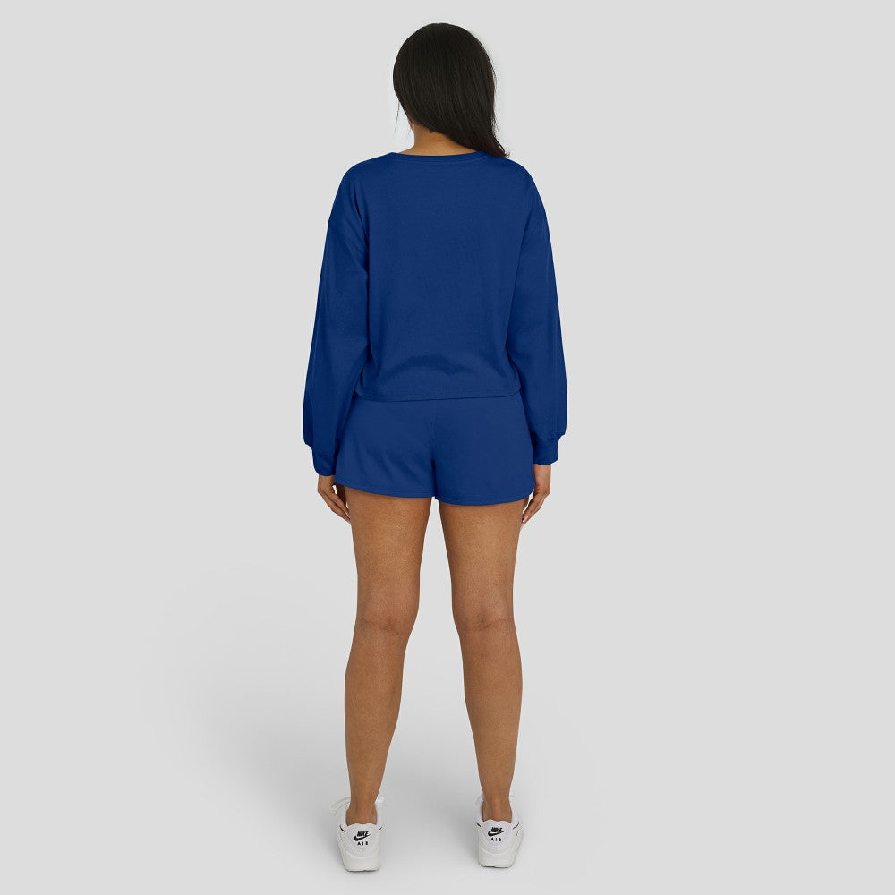 Los Angeles Dodgers WEAR by Erin Andrews Women's Heavy Rugby Jersey Cropped Long Sleeve T-Shirt & Shorts Lounge Set - Royal