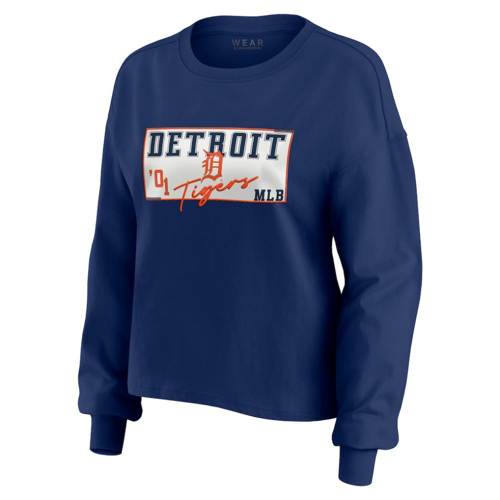 Detroit Tigers WEAR by Erin Andrews Women's Heavy Rugby Jersey Cropped Long Sleeve T-Shirt & Shorts Lounge Set - Navy