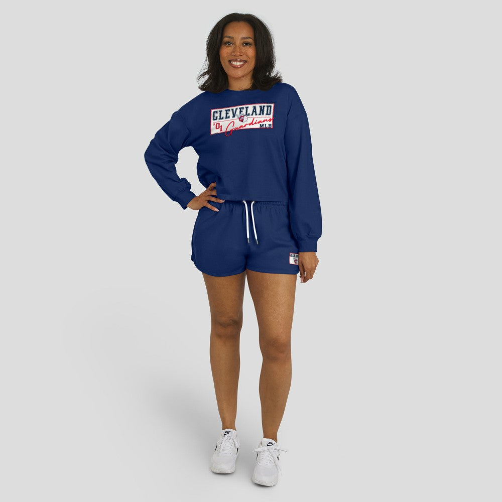 Cleveland Guardians WEAR by Erin Andrews Women's Heavy Rugby Jersey Cropped Long Sleeve T-Shirt & Shorts Lounge Set - Navy