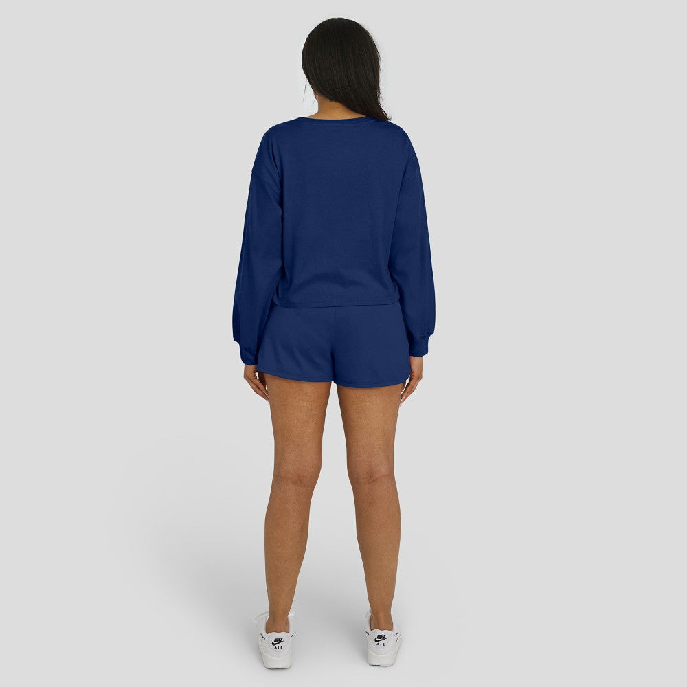 Cleveland Guardians WEAR by Erin Andrews Women's Heavy Rugby Jersey Cropped Long Sleeve T-Shirt & Shorts Lounge Set - Navy