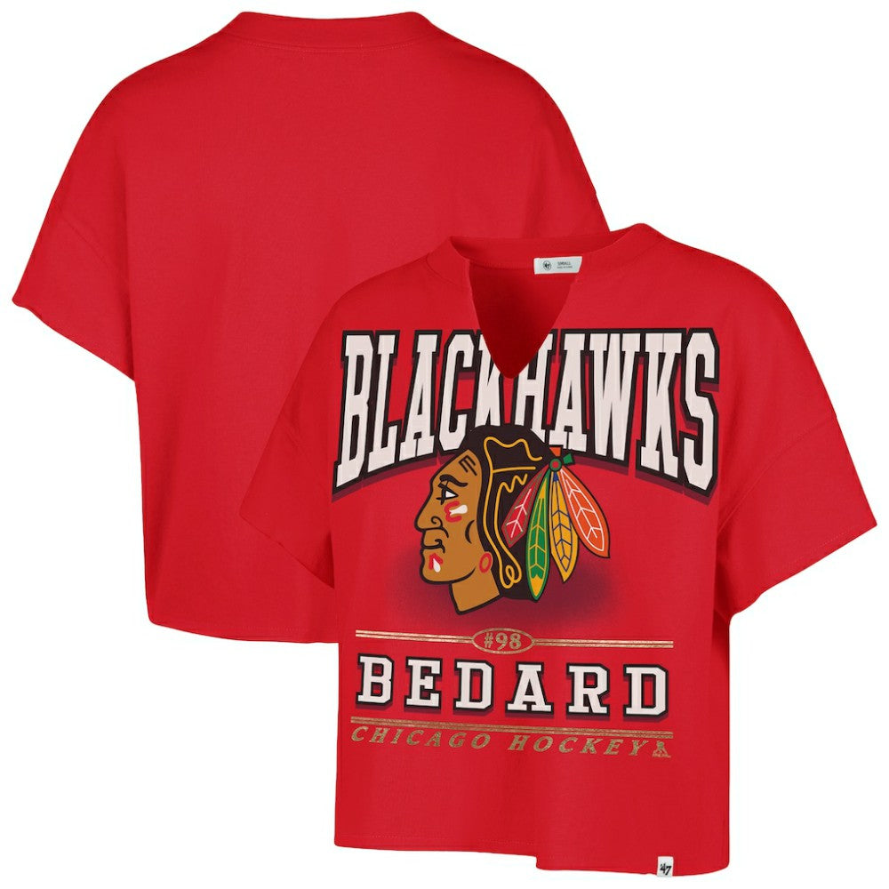 Connor Bedard Chicago Blackhawks '47 Women's Elation Name & Number Oversized Notch Neck T-Shirt