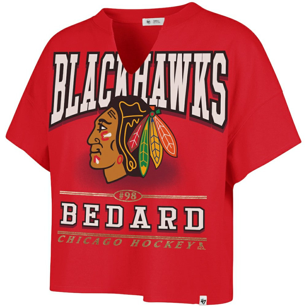 Connor Bedard Chicago Blackhawks '47 Women's Elation Name & Number Oversized Notch Neck T-Shirt