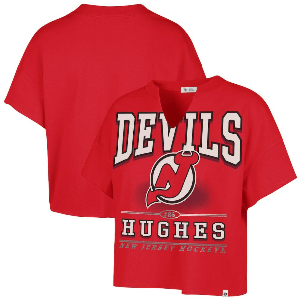 Jack Hughes New Jersey Devils '47 Women's Elation Name & Number Oversized Notch Neck T-Shirt
