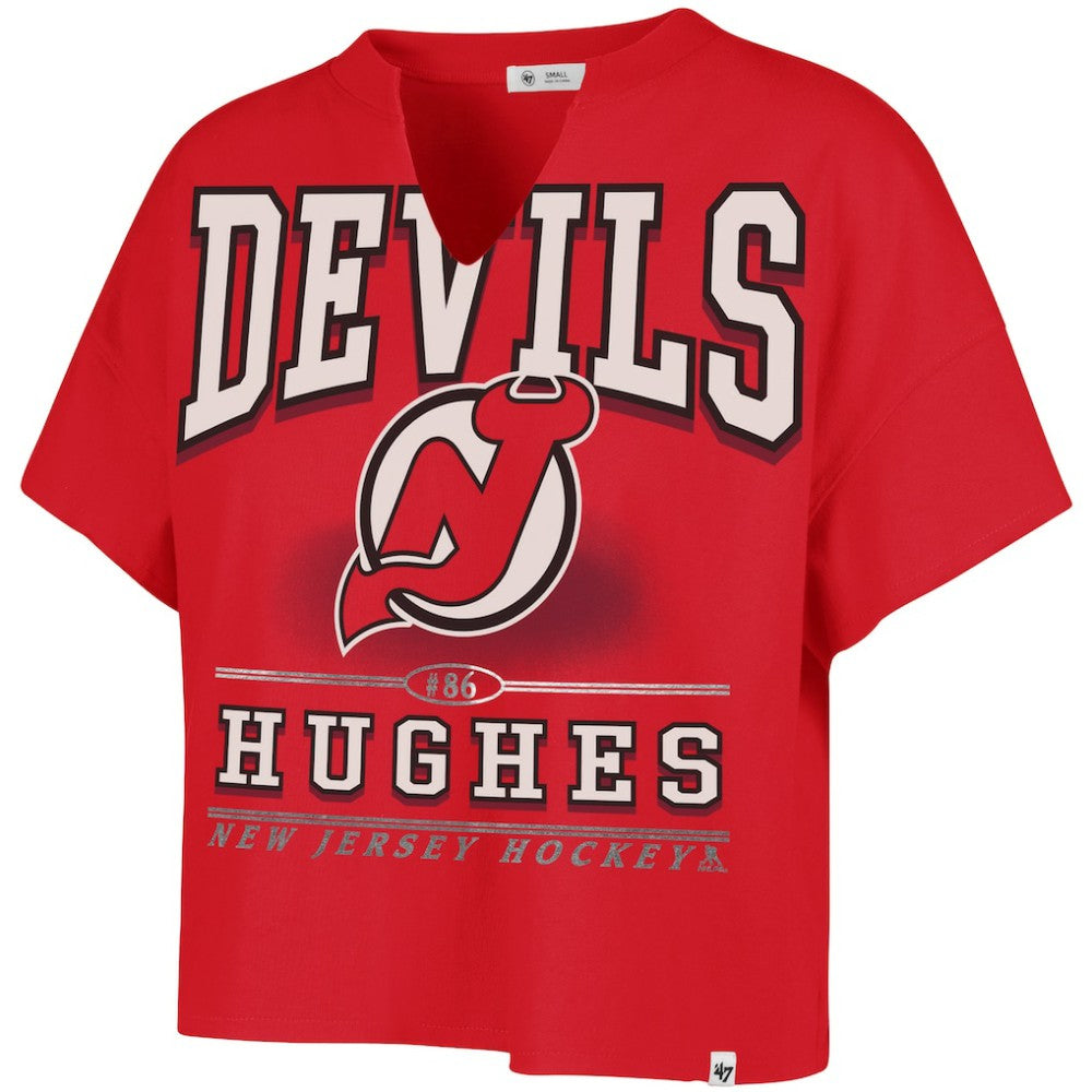 Jack Hughes New Jersey Devils '47 Women's Elation Name & Number Oversized Notch Neck T-Shirt