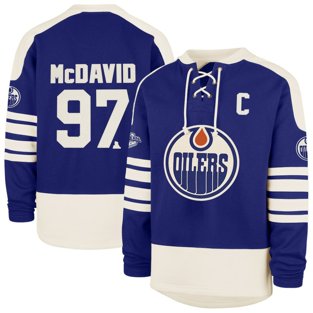Connor McDavid Edmonton Oilers '47 Player Name & Number Sweep Check Eternal Lacer Sweatshirt