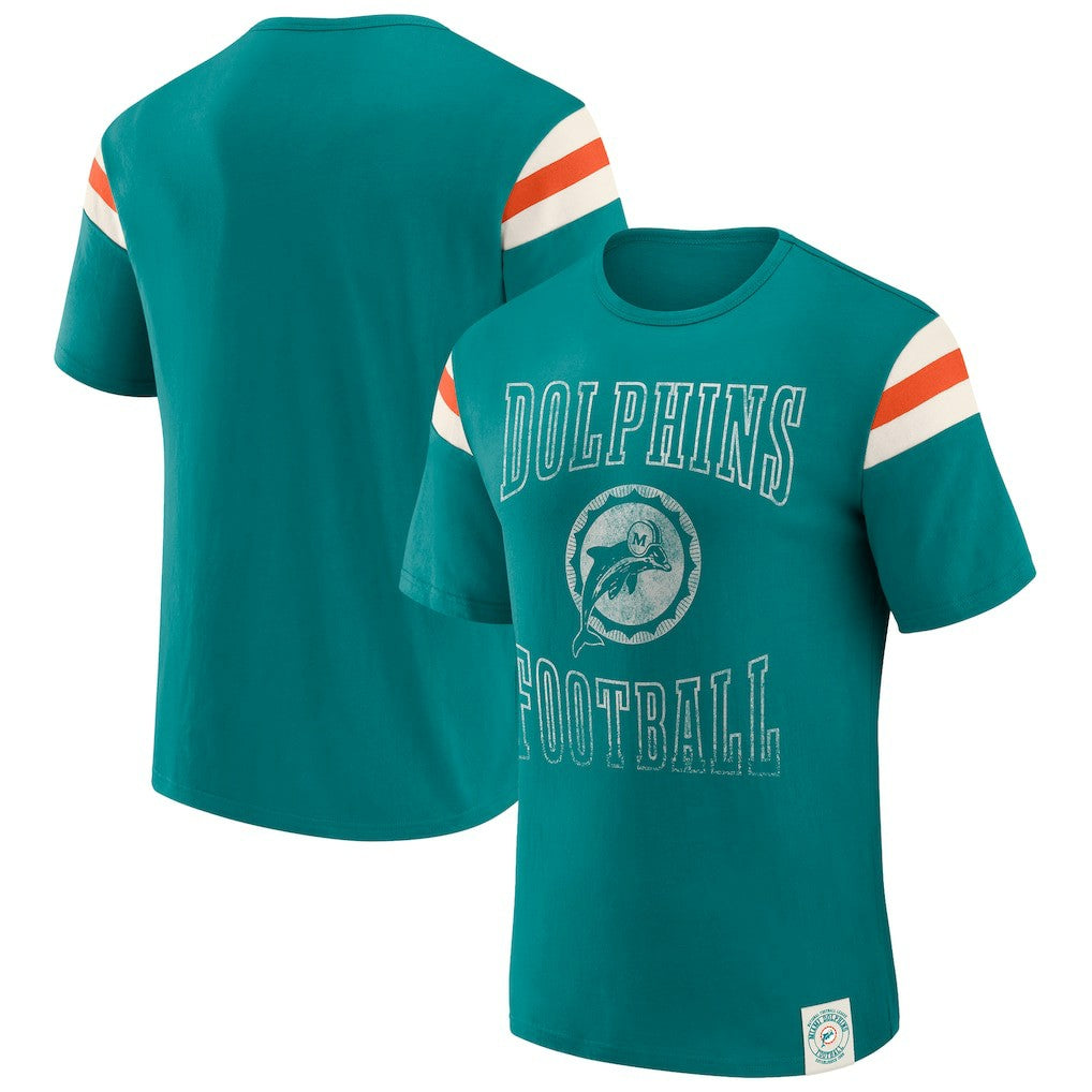 NFL Miami Dolphins Darius Rucker Collection Distressed Throwback Shoulder Stripe T-Shirt