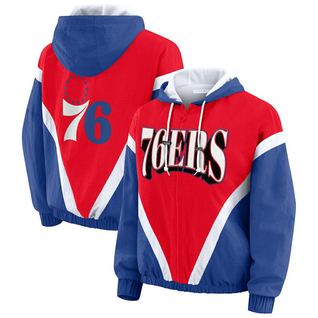 Philadelphia 76ers WEAR by Erin Andrews Women's Colorblock Full-Zip Hoodie Windbreaker Jacket - Red/Royal shop