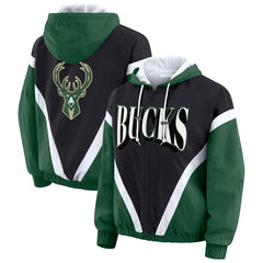 Milwaukee Bucks WEAR by Erin Andrews Women's Colorblock Full-Zip Hoodie Windbreaker Jacket - Black/Hunter Green sale