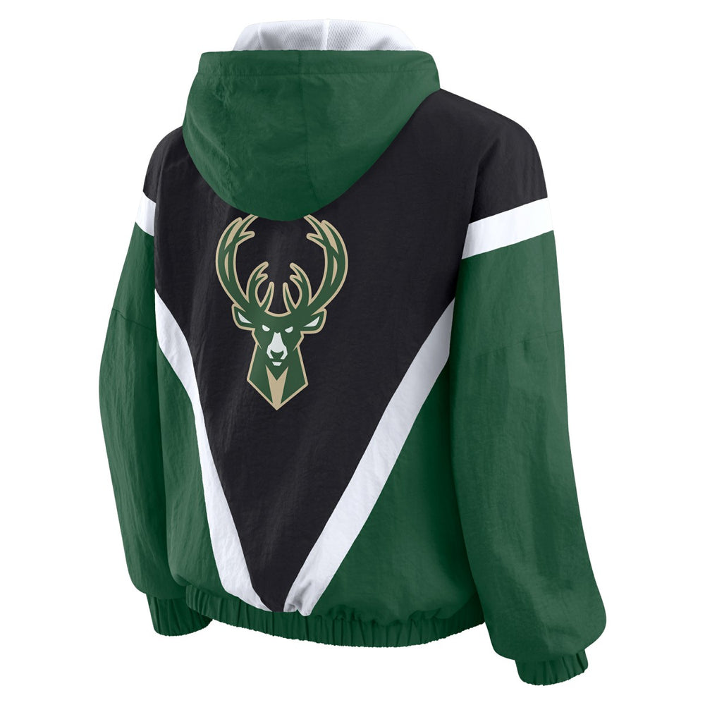 Milwaukee Bucks WEAR by Erin Andrews Women's Colorblock Full-Zip Hoodie Windbreaker Jacket - Black/Hunter Green sale