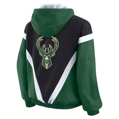 Milwaukee Bucks WEAR by Erin Andrews Women's Colorblock Full-Zip Hoodie Windbreaker Jacket - Black/Hunter Green sale