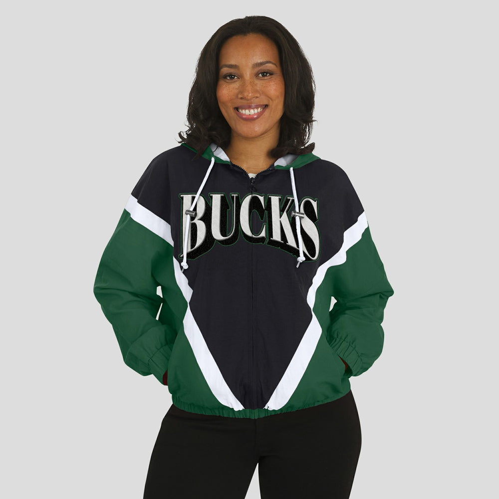 Milwaukee Bucks WEAR by Erin Andrews Women's Colorblock Full-Zip Hoodie Windbreaker Jacket - Black/Hunter Green sale