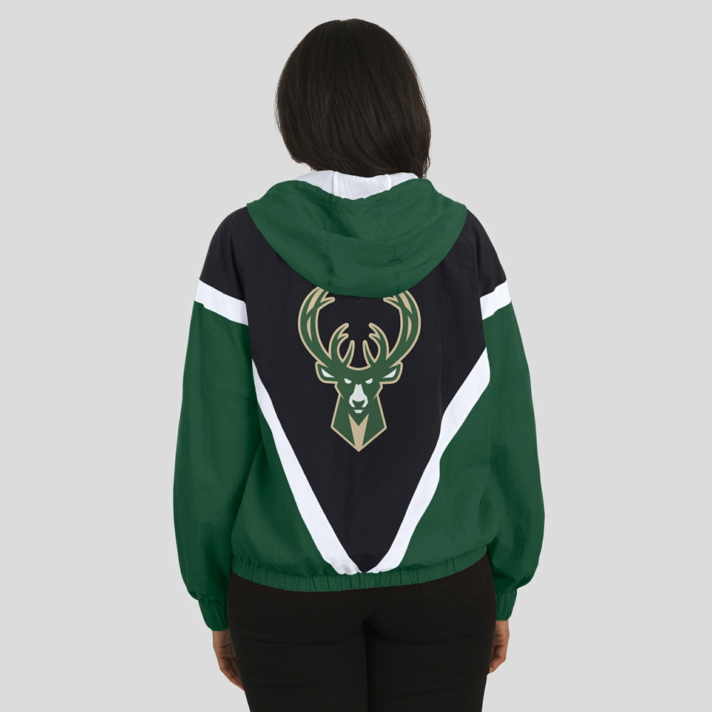 Milwaukee Bucks WEAR by Erin Andrews Women's Colorblock Full-Zip Hoodie Windbreaker Jacket - Black/Hunter Green sale