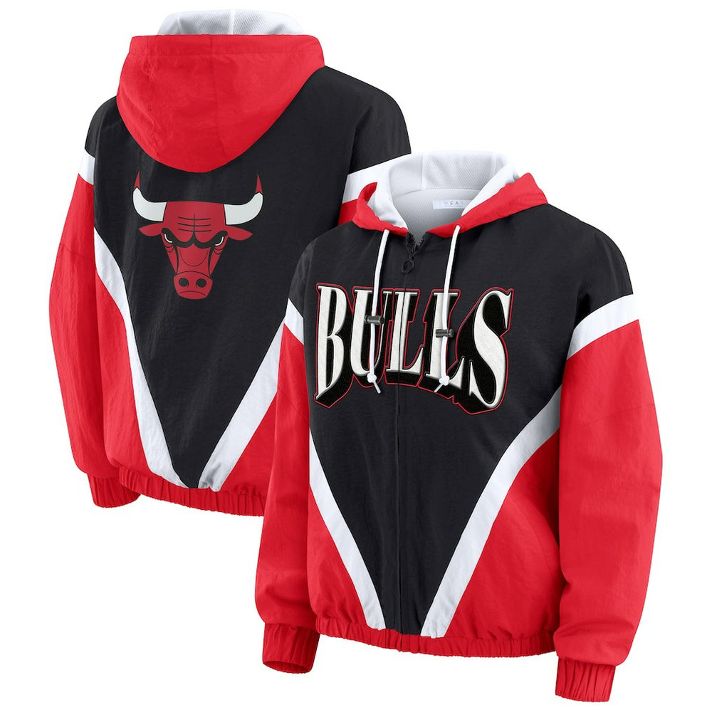 Chicago Bulls WEAR by Erin Andrews Women's Colorblock Full-Zip Hoodie Windbreaker Jacket - Black/Red on sale