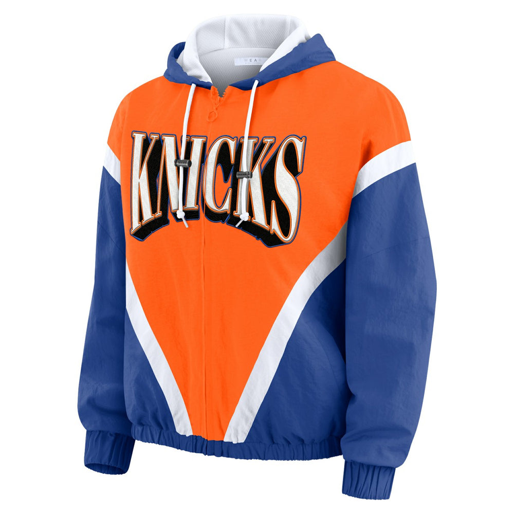 New York Knicks WEAR by Erin Andrews Women's Colorblock Full-Zip Hoodie Windbreaker Jacket - Orange/Royal outlet