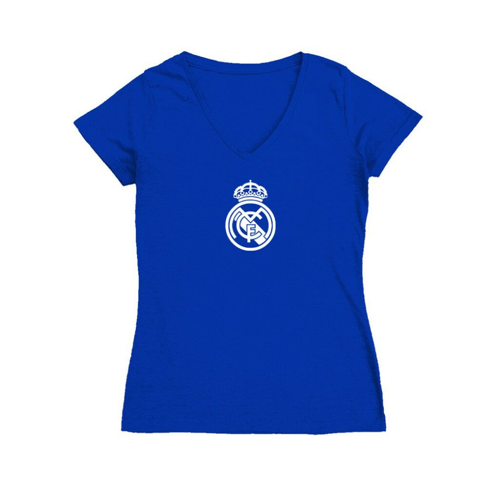 Real Madrid Vive La Fete Women's Color Badge V-Neck Fitted T-Shirt / Soccer Outlet