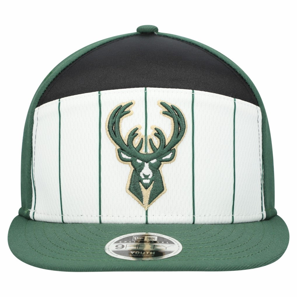 Milwaukee Bucks Youth 2025 NBA Tip Off Split Panel 9FIFTY Snapback Hat - White/Hunter Green | New Era outlet