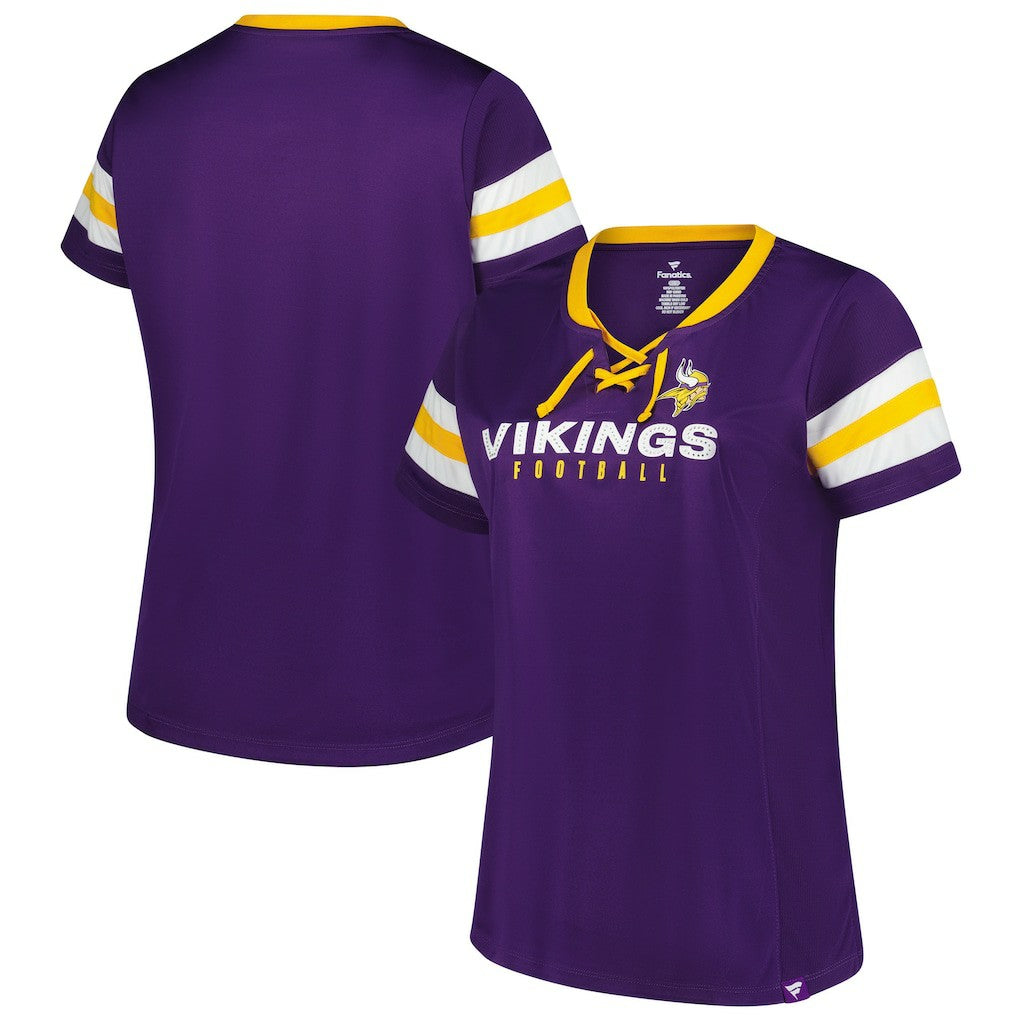 NFL Minnesota Vikings Women's Plus Size Rhinestone Redzone Athena Lace-Up Notch Neck T-Shirt