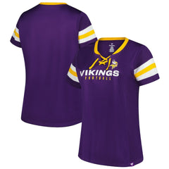 NFL Minnesota Vikings Women's Plus Size Rhinestone Redzone Athena Lace-Up Notch Neck T-Shirt