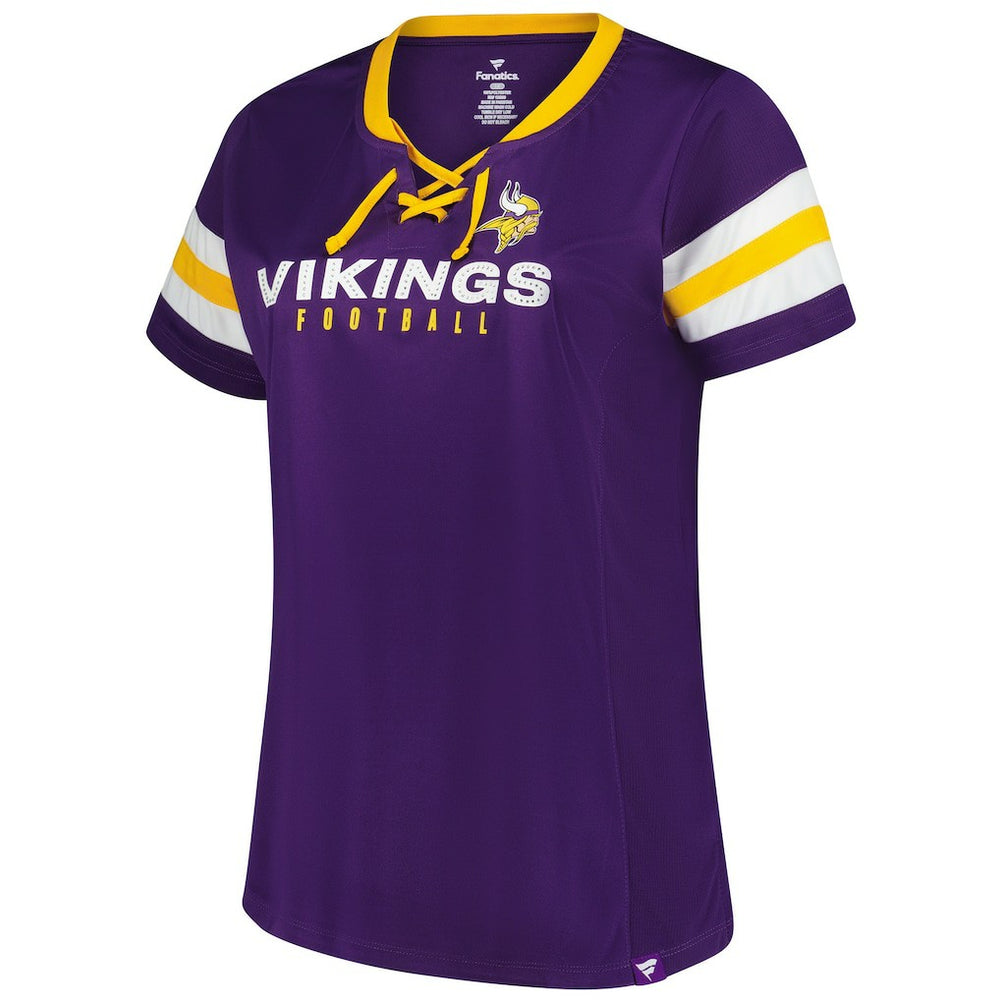 NFL Minnesota Vikings Women's Plus Size Rhinestone Redzone Athena Lace-Up Notch Neck T-Shirt