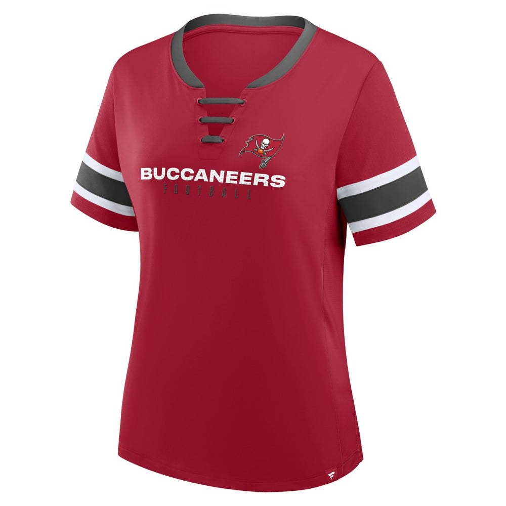 NFL Tampa Bay Buccaneers Women's Plus Size Red Zone Athena Lace-Up V-Notch Neck T-Shirt