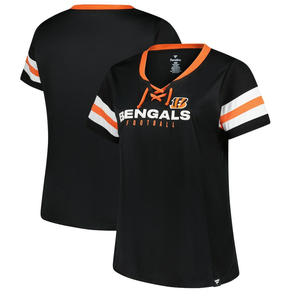 NFL Cincinnati Bengals Women's Plus Size Red Zone Athena Lace-Up V-Notch Neck T-Shirt