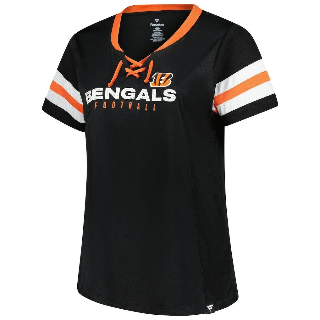 NFL Cincinnati Bengals Women's Plus Size Red Zone Athena Lace-Up V-Notch Neck T-Shirt